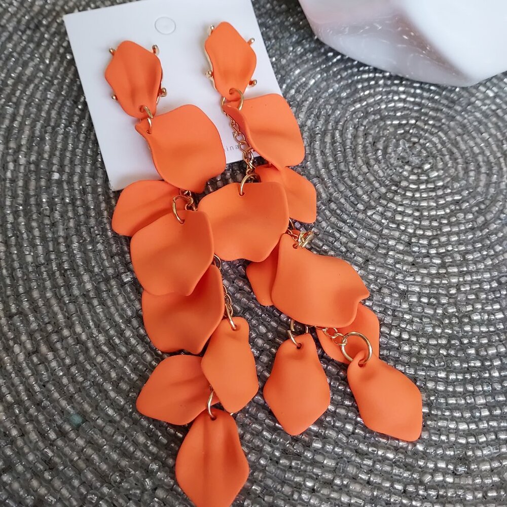 ORANGE Dangle Petal Earrings, NEW in bag